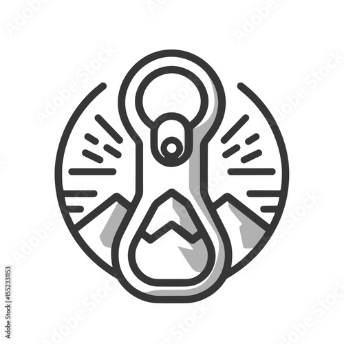Climbing carabiner with mountain and sun logo in monochrome design  