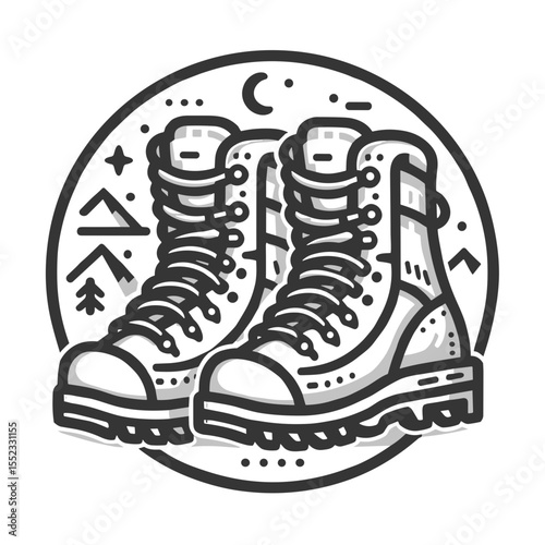Hiking boots illustration with mountains and outdoor elements  