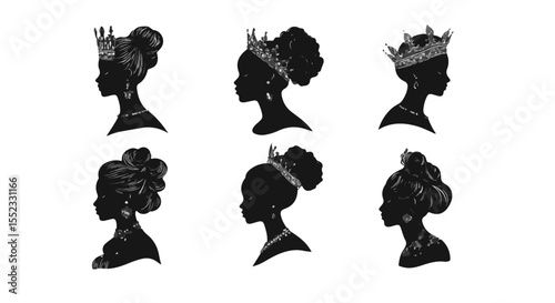 Silhouette portraits showcase regal African women with crowns and exquisite hairstyles against a clean white backdrop.