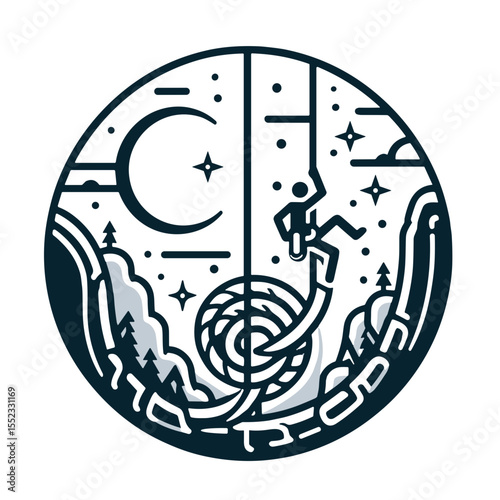Climber ascending rope in nighttime mountain landscape illustration  