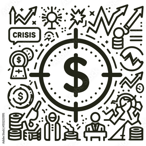 Financial icons and symbols illustrating economic growth and crisis  