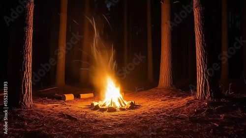 Nighttime Forest Fire Pit, Warmth and Tranquility