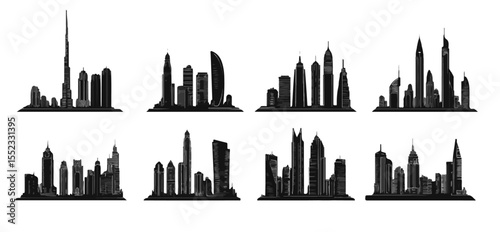 Eight black skyline sets showcase modern urban architectures against a white background, creating a graphic cityscape collection.