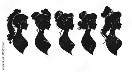 Artistic silhouettes showcase elegant women with various stylish hairstyles for creative projects