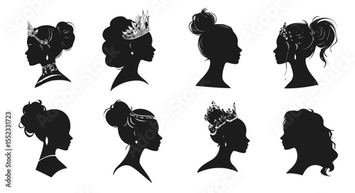 Elegant silhouette portraits showcase diverse hairstyles and regal crowns on refined black profiles