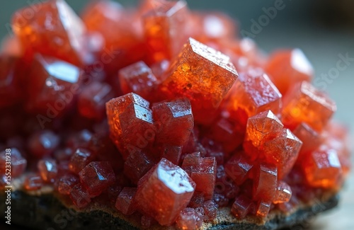 Close-up photo of vivid orange vanadinite mineral crystal cluster on display. Gemstone rock specimen with geometric crystal structure. Mineralogy, geology, natural stone, gemstone, raw material