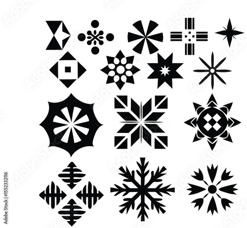 Black and white snowflakes and star pattern set for decoration and winter design