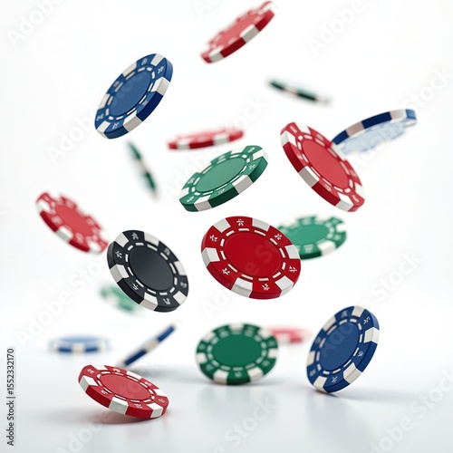 Colorful casino poker chips falling mid air against white background. Gambling game betting entertainment concept. Dynamic image of red green blue black chips in motion. Luck risk chance winning.