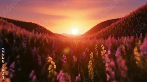 Animated Lavender Field at Sunset: Warm Colors, Peaceful Landscape, Nature Beauty