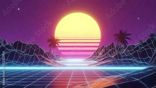 Retro Synthwave Sunset: 80s Vibe, Palm Trees, Digital Landscape, Glowing Sun