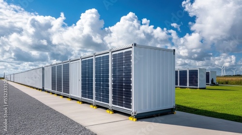 Wallpaper Mural Solar Energy Storage Units in a Sunny Field with Blue Sky and Clouds Torontodigital.ca