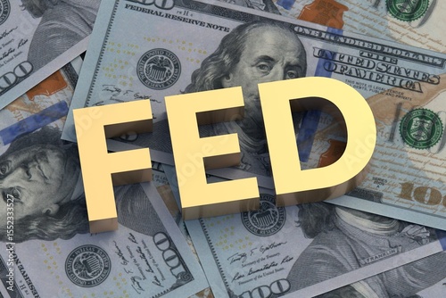 FED word on us dollar banknotes. Reform of the financial system. The federal reserve bank. Control interest rate. Curb inflation. Innovative investment strategy. The concept of economics. 3d render
