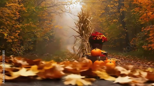 Autumnal Harvest Scene: Pumpkins, Foliage, and Foggy Forest Path