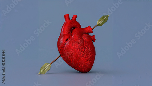 Love struck heart pierced by golden arrow