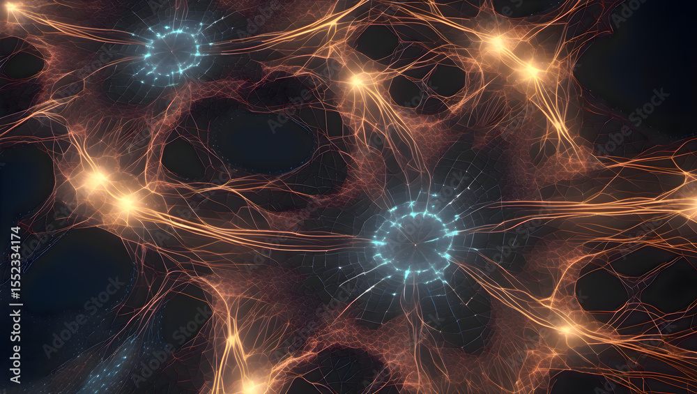 Obraz premium Computer generated cluster of interconnected glowing orange and blue lights forming an abstract visualization of data and energy