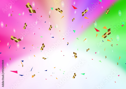 Colorful confetti and golden ribbons float in a vibrant gradient background with pink, green, and purple hues, creating a festive and celebratory atmosphere