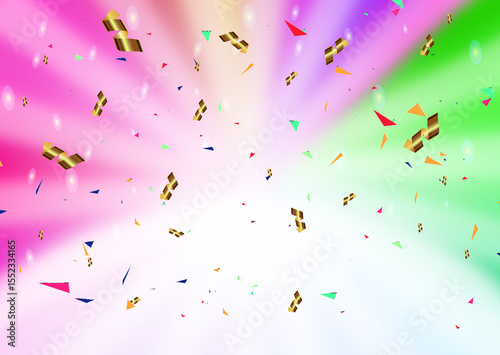 Colorful confetti and shiny ribbons burst against a dynamic radial gradient, featuring vibrant hues of pink, green, and purple, evoking a festive and celebratory atmosphere