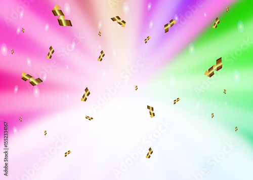 Colorful gradient background with radiating pink, purple, and green hues, adorned with floating golden confetti pieces and soft white light spots scattered across the scene