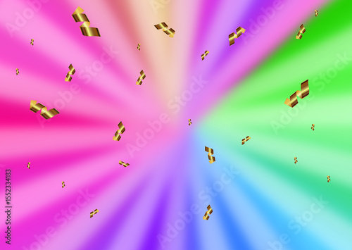 Colorful radiant background with gold geometric shapes scattered throughout a vivid spectrum of pink, purple, green, and blue hues, creating a dynamic, energetic visual effect