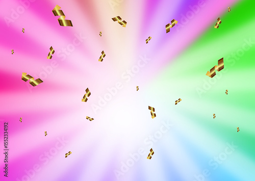 Colorful abstract background with golden geometric shapes scattered. Radiant beams of pink, purple, blue, and green converge at the center, creating a vibrant, dynamic composition