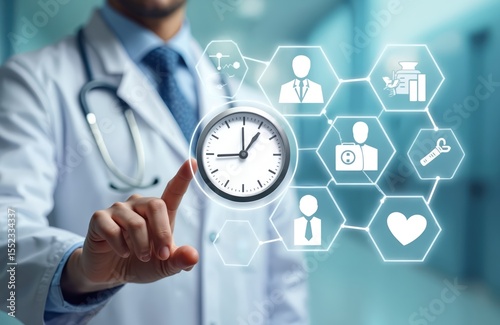 Doctor pointing clock, providing timely medical care. Healthcare concept includes modern tech interface. Icon of medical worker, hospital, emergency, lab, health check, medicine.