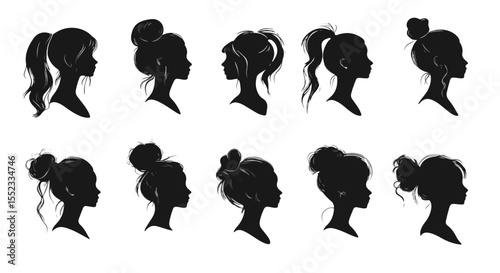 Silhouettes showcase an array of elegant female hairstyles, from classic updos to flowing ponytails, creating a versatile collection.