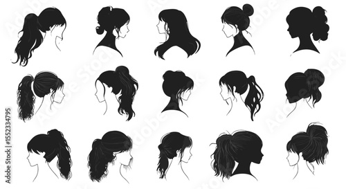 Sketches showcase diverse female hairstyles, offering inspiration for updos, ponytails, and elegant hair styling choices.
