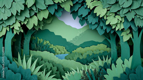 Lush green forest in artistic paper cut style