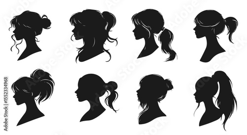 Silhouette profiles reveal various hairstyles, offering diverse looks from buns to ponytails on a white background.