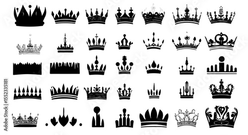 Royal crown collection showcases artistic crowns with varied and decorative silhouette design elements, perfect for graphic design use.