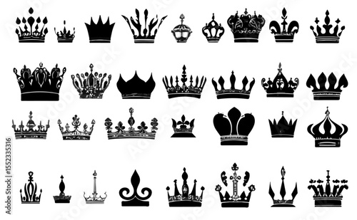 Collection of classic crowns in black and white, perfect for royalty themes and royal designs or graphic projects and regal aesthetics.