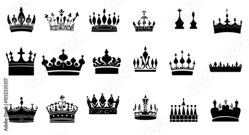 Royalty themed assortment displaying a variety of decorative crowns in a minimalist black and white art style for regal concepts.