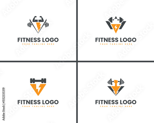 Modern Fitness Logo Collection for Gym or Fitness Center. Four different fitness logo designs, featuring a combination of dumbbells, biceps, and lightning bolts.