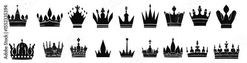 Collection of crowns vector silhouettes depicting royalty, leadership, and elegant design for various creative projects.