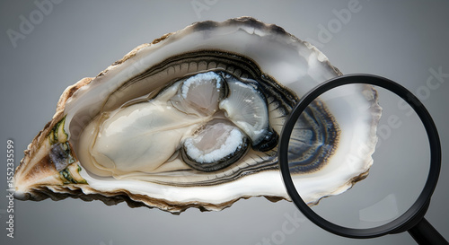 Oyster Under Scrutiny: Detailed View of Open Shell with Magnifying Glass