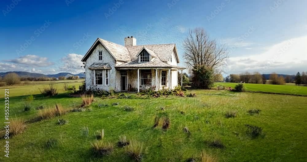 Video of an old weathered white house on green field with a cloudy sky background framed by rough edges suggestive of a torn paper effect