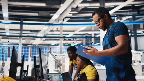 Supervisor in solar panel factory investigating potential malfunctioning systems, reading paperwork and user manuals. Inspector ensuring seamless production, reducing downtime. Camera B.