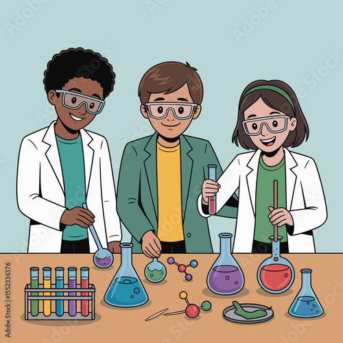 Three children conducting experiments in a science lab with equipment  