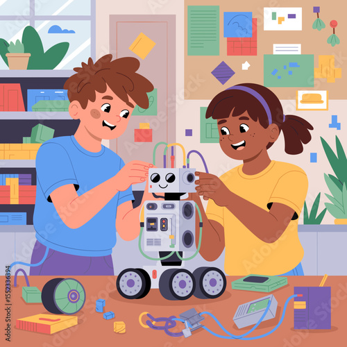 Children building a robot together in a classroom filled with supplies - Concept of Education  