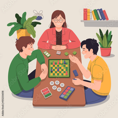 Three young friends playing board game together indoors at home  