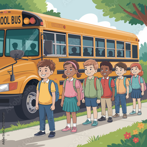 Group of smiling schoolchildren walking to yellow school bus outdoors  