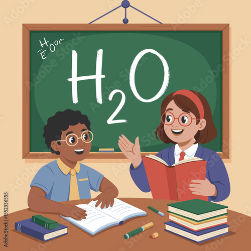 Young black boy learning about H2O with smiling female teacher  
