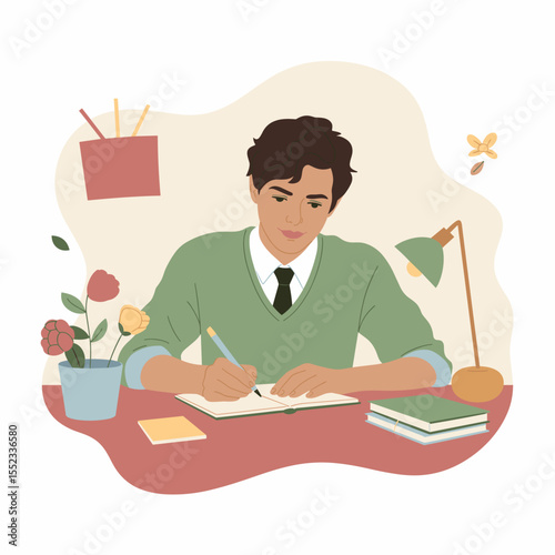 Young man writing in notebook at desk surrounded by plants and lamp  