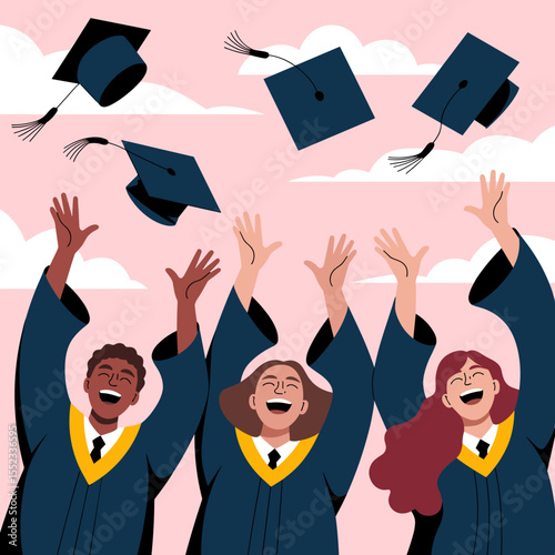 Graduates celebrating by throwing caps in the air with joy  