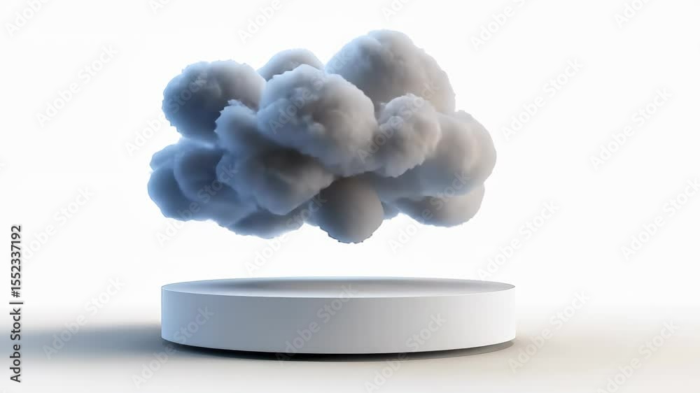 Cloud on Display: A serene composition featuring a fluffy cloud suspended over a minimalist platform, evoking a sense of lightness and ethereal beauty. 