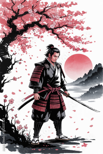 A color illustration in the style of Japanese painting depicting a samurai with a katana standing near a sakura tree, behind which mountains and sunset are visible. Vector graphics. EPS.