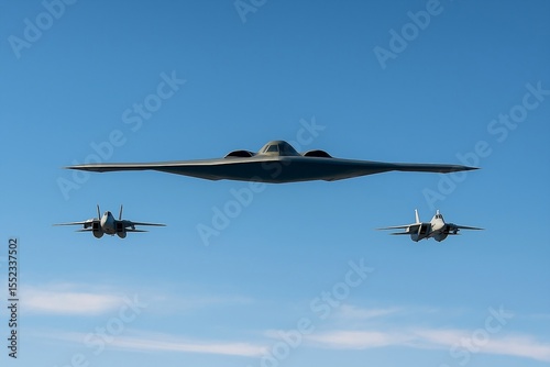 Futuristic stealth bomber and two escort fighter jets flying in formation over clear blue sky