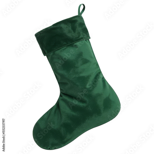 Green velvet christmas stocking isolated on transparent background