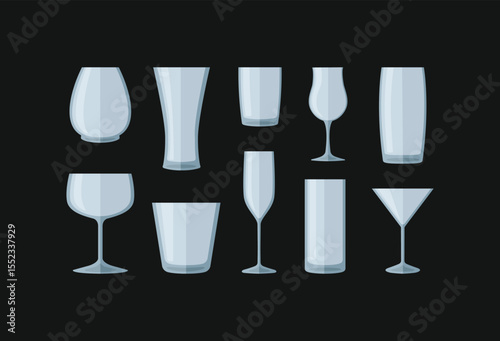 Set of transparent drink glassware and bottle on black background. Includes cocktail, wine, champagne, whiskey, and beer glasses. Perfect for bar, pub, or restaurant design.
