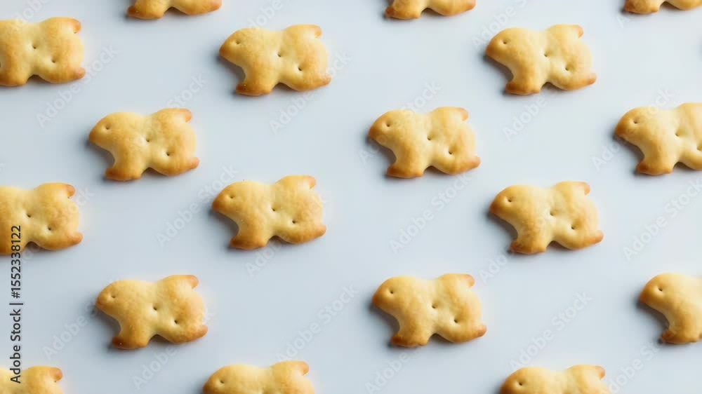 Animal-shaped biscuits arranged in grid pattern on light-colored surface